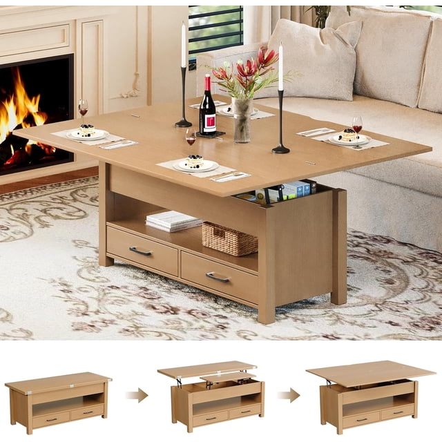 CazToi Table Basse de 40 Pouces à Plateau Relevable, Multifonction, Convertible en Table de Salle à Manger avec Tiroirs et Rangement Caché