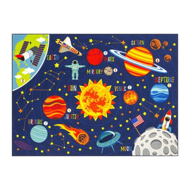 KC Cubs Playtime Collection Space Safari Road Map Area Rug Educational Learning & Game Area Rug Carpet for Kids and Children Bedrooms and Playroom featuring a dark blue background with the sun at the center surrounded by labeled planets Mercury, Venus, Earth, Mars, Jupiter, Saturn, Uranus, and Neptune, an astronaut, rocket ships marked KC Cubs, the moon with an American flag, a comet, a UFO, and star constellations, suitable for interactive and educational play in kids' rooms.