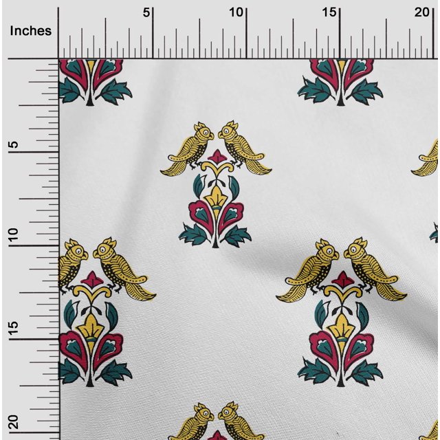 oneOone Silk Tabby Fabric Leaves|Bird & Floral Block Printed Craft Fabric BTY 42 Inch Wide