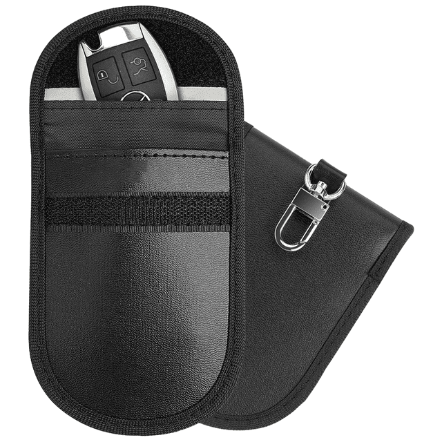 Faraday Bag for Key Fob (2 Pack) in black PU leather, designed for RFID signal blocking and anti-theft protection. One pouch is shown with a key fob partially inserted, highlighting its durable construction with two layers of shielding material and a metal clip for secure attachment.