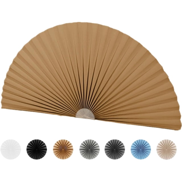 Arch Window Shade Light Filtering Pleated Shade Half Circle Self Adhesive Fabric Blinds Room Darkening Shades Stick on Easy Install Blinds Semi Circle Window Cover centered, front-facing semi-circular pleated self-adhesive shade in non-woven fabric; visible pleat pattern with size options listed (18, 23, 36 in radius), textured light-filtering surface and adhesive strip along the flat edge, shown installed in an arched window against a neutral interior wall, suitable for kitchen, bathroom or bedroom privacy and reducing glare, often used to cover standard arch windows.