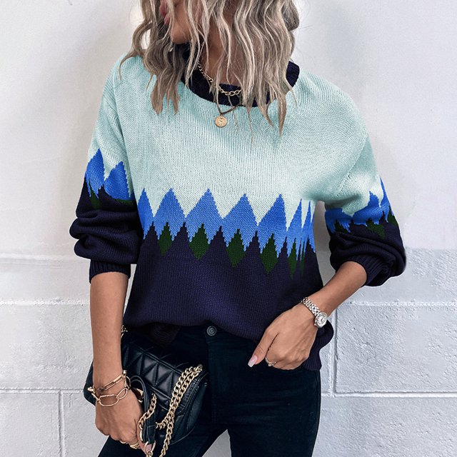 REDHOTYPE Femmes Col Rond Tricot Pull en Vrac Casual Couleur Bloquant Pull à Manches Longues Top