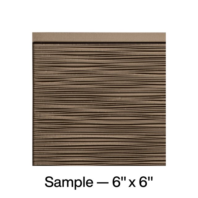 FASÄDE Ripple Decorative Vinyl Backsplash Panel in Argent Bronze, displayed as a 6x6 inch sample. The panel showcases a textured ripple design with a metallic bronze finish, suitable for DIY home improvement projects like kitchen backsplashes, accent walls, or wall tile installations.