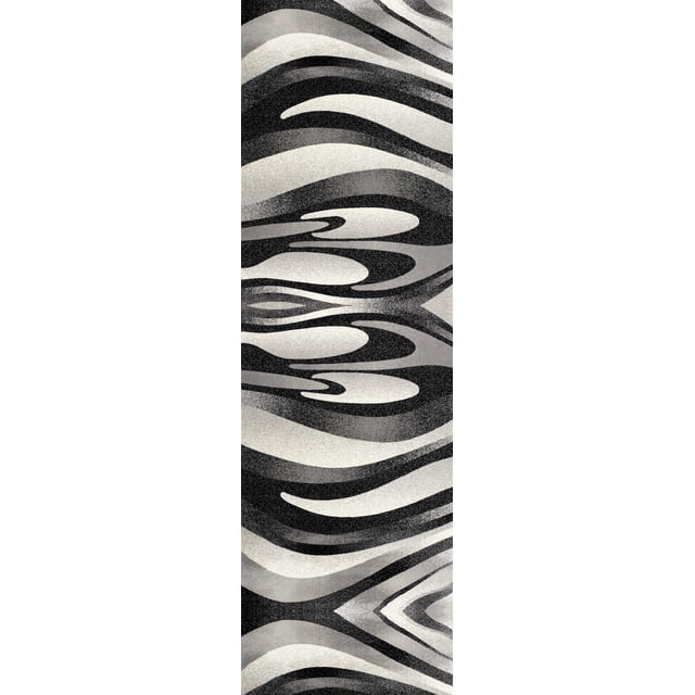 Rug Branch Montage 2' x 18' indoor runner rug with abstract black, grey, and ivory swirling wave patterns in a boho style, made from durable 100% olefin heatset material that is stain resistant and easy to clean, ideal for entryways, hallways, kitchens, and bathrooms, and suitable for adding warmth to high-traffic areas.