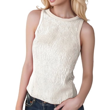 Lixiuxyad Summer Tank Tops Women's Sparkly Sequin Sleeveless Tank Top Camisole Round Neck Rave Tank Vest Party Shirt Clubwear