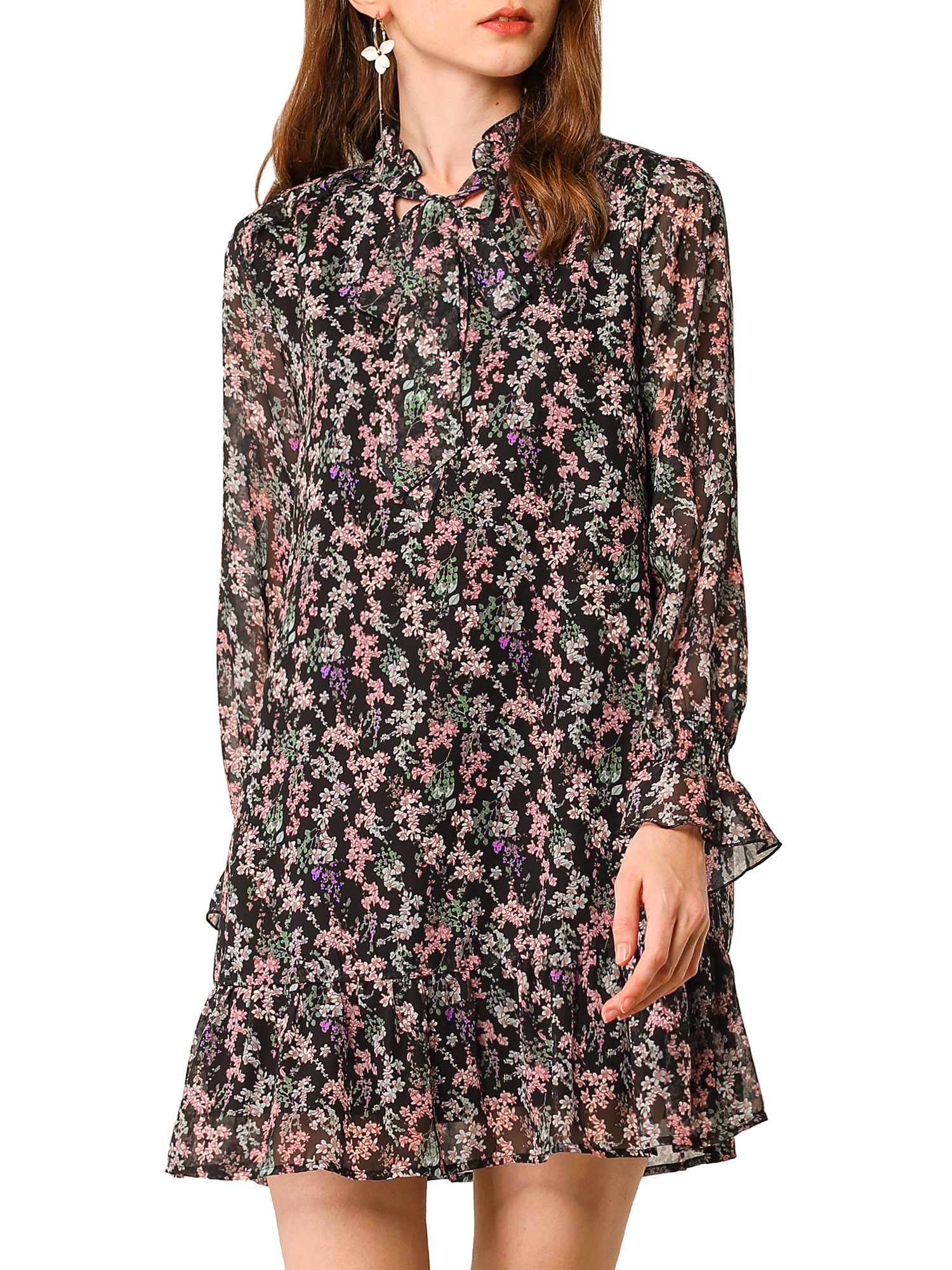 INSPIRE CHIC Robe Droite Décontractée Ample à Volants à Nouer au Cou à Motif Floral pour Femme