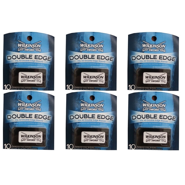 Wilkinson Sword Lames Razor à Double Bord, 10 Unités (Lot de 6). un Ensemble de six Paquets, Chacun Contenant 10 Lames Razor à Double Bord. les Lames Sont Exposées dans un Emballage Bleu Individuel avec le logo Wilkinson Sword et « Double Bord » Imprimé de Façon Bien en Vedette. Conçues pour s'Adapter à Tous les Rasoirs à Double Bord standard, Ces Lames Sont Triplement Revêtues de Chrome, de Céramique et de PTFE pour la Résistance à la corrosion, la Durabilité et une irritation Réduite. Fabriquées en Allemagne pour un Rasage Lisse et Précis