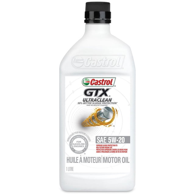 Castrol GTX Ultraclean 5W20 1 L motor oil bottle in white plastic with black cap, designed for gasoline engines, offering 50% better sludge protection and superior engine life extension, labeled in English and French and certified by the American Petroleum Institute.