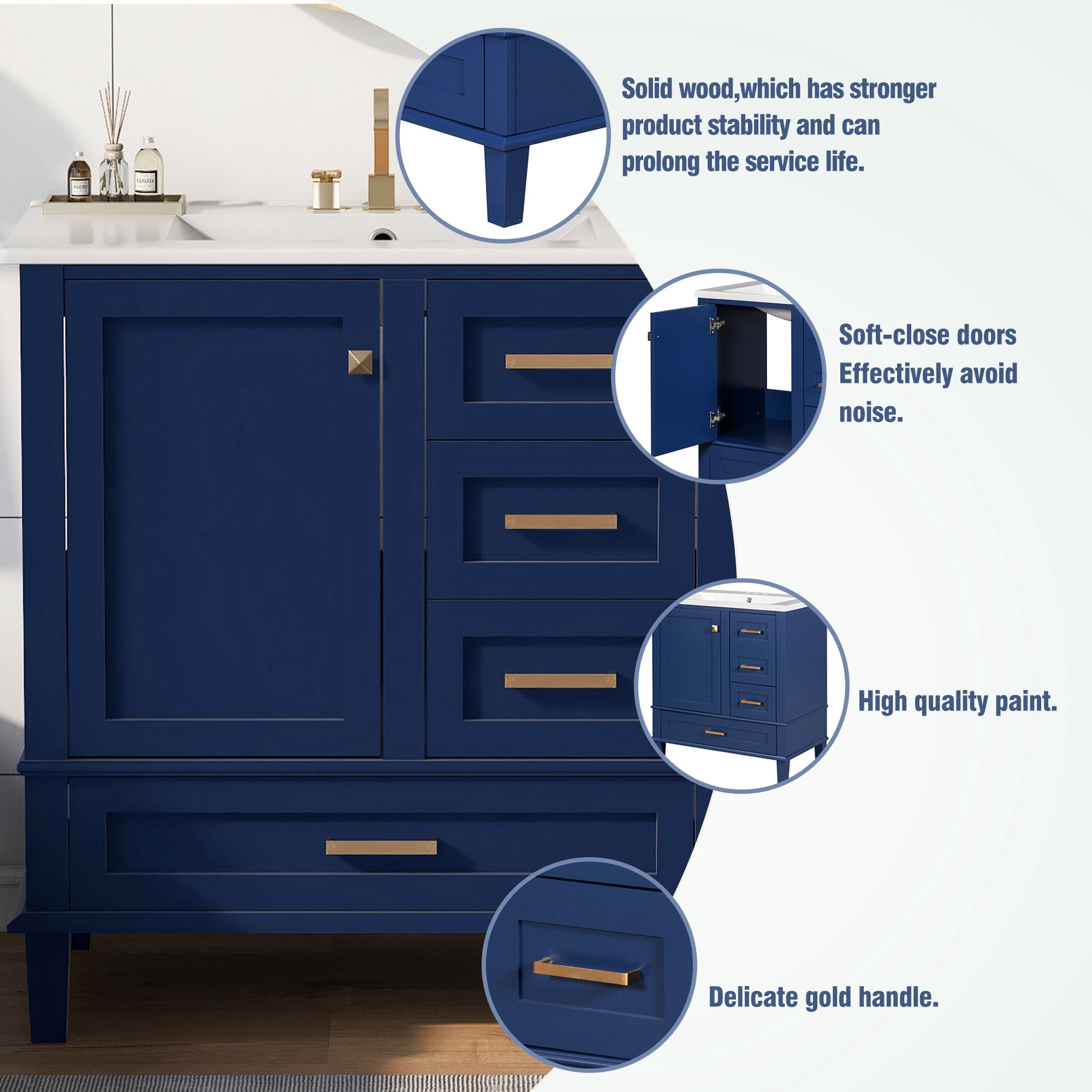 Homy Casa 30 Inch Modern Blue Bathroom Vanity Cabinet Set with Ceramic Basin, Solid Wood Frame, Soft-Close Door & Drawers