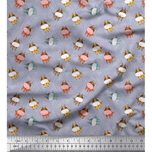 Soimoi Georgette Viscose Fabric Triangle & Cow Cartoon Print Fabric by Yard 42 Inch Wide
