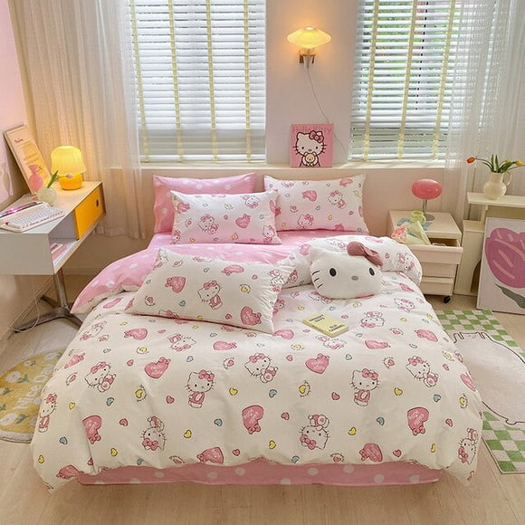 Sanrio Hello Kitty Bedding Set Cute Cotton Four Piece Double Queen Size Pillowcase Bed Linens Girl Dorm Bedclothes Home Textile