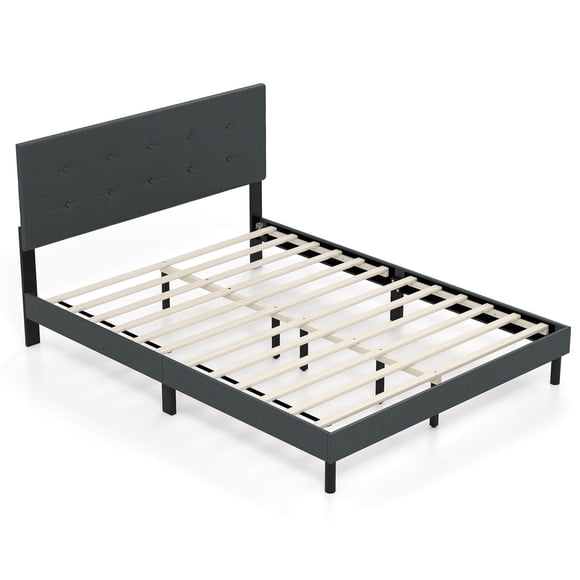 Costway Queen Size Bed Frame Linen Upholstered Platform Bed Frame with Tufted Headboard