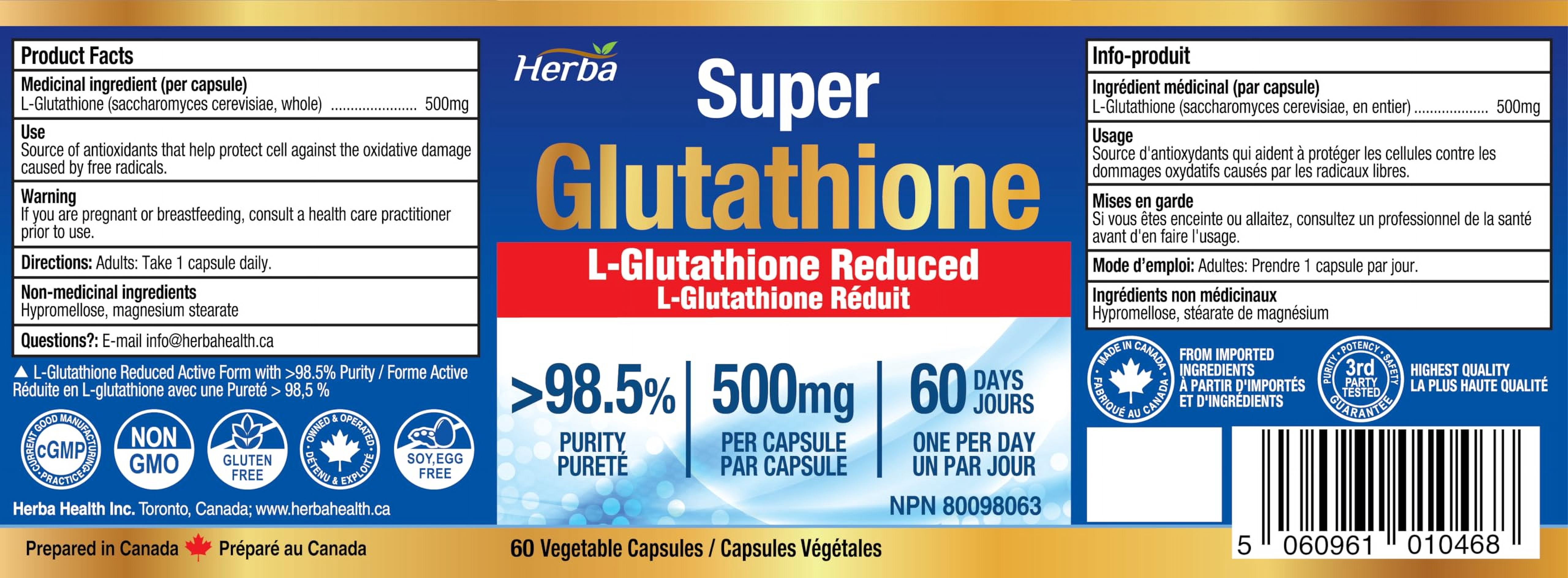 Herba Glutathione Supplement 500 mg - 60 Vegetable Capsules | L-Glutathione Reduced Active Form