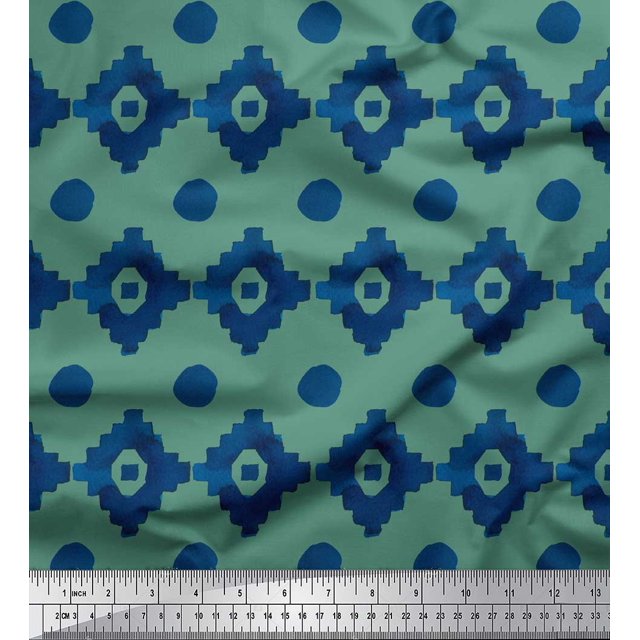 Soimoi Green polyester Crepe Fabric Aztec Geometric Printed Craft Fabric by the Yard 42 Inch Wide