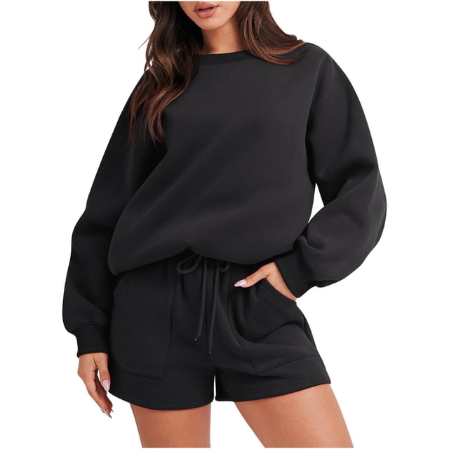 IROINNID Survêtement pour Femmes Ensemble 2 Pcs Rabais Blouse à Col Rond Hauts à Manches Longues Chandail Shorts Ensemble Décontracté Ensemble de Jogging, Noir