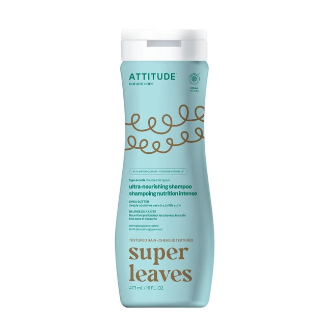 ATTITUDE super leaves, Ultra-Nourishing Curl Shampoo, Shea Butter, 473 mL bottle with light blue packaging and white cap, formulated with 97.1% natural ingredients to nourish and hydrate type 4 curls, vegan and dermatologically tested for textured hair care.