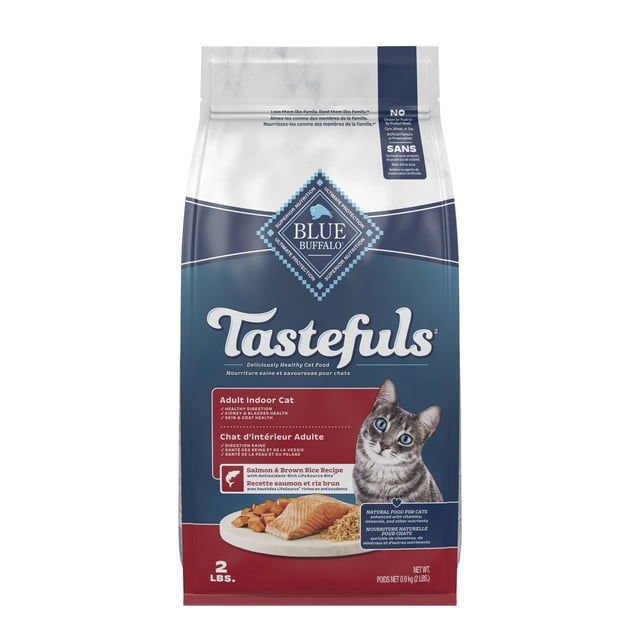Blue Buffalo Tastefuls Dry Food for Adult Indoor Cats, Salmon and Brown Rice recipe in a 2 lb bag with blue and red packaging featuring a cat and a plate of salmon and brown rice, formulated to support digestion, kidney and bladder health, skin and coat condition, and includes antioxidant-rich LifeSource Bits for immune support.