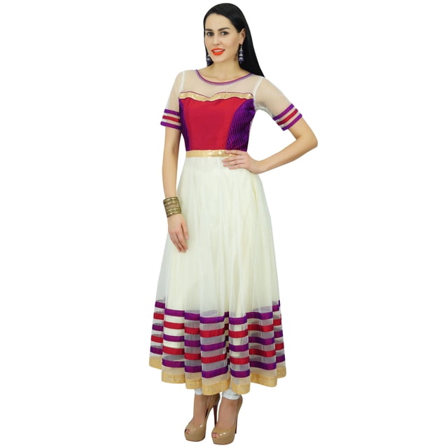 Bimba Robe Ethnique Indienne pour Femmes, Kurta Kurti Anarkali en Filet Longueur au Sol