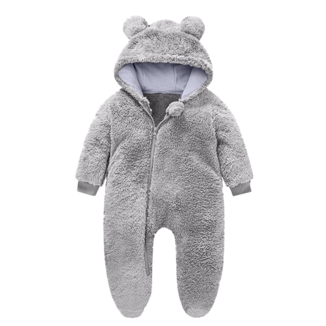 AherBiu Infant Rompers Fleece Hooded Jumpsuits Zip up Bodysuits Fall Winter Solid Color Warm Fuzzy Newborn Baby Clothes Sets