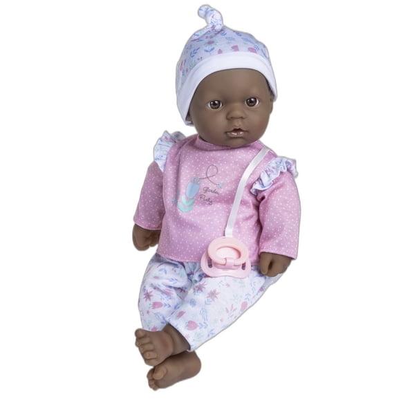 JC Toys La Baby African American 16-inch Small Soft Body Baby Doll La Baby | Washable |Removable Pink Floral w/Hat, Pacifier & Magic Bottle | for Children 12 Months +