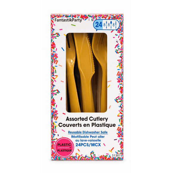 Fantastik Party Gold Plastic Assorted Cutlery Set, 24 Pieces