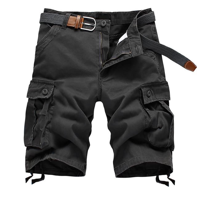 zanvin Men's Shorts Plus Size Cargo Shorts Multi-Pockets Relaxed Summer Beach Shorts Pants in a dark color. Designed with a relaxed fit and multiple pockets, including side cargo pockets for essentials. Made from soft, breathable polyester and spandex fabric, perfect for summer activities like hiking, camping, and fishing. Features belt loops and adjustable drawstrings for a secure fit.