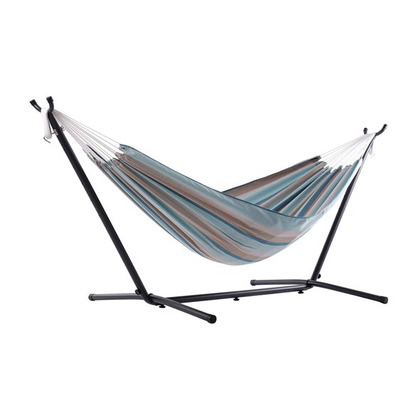 Vivere Brazilian Style Sunbrella Double Hammock with Steel Stand, Gateway Mist