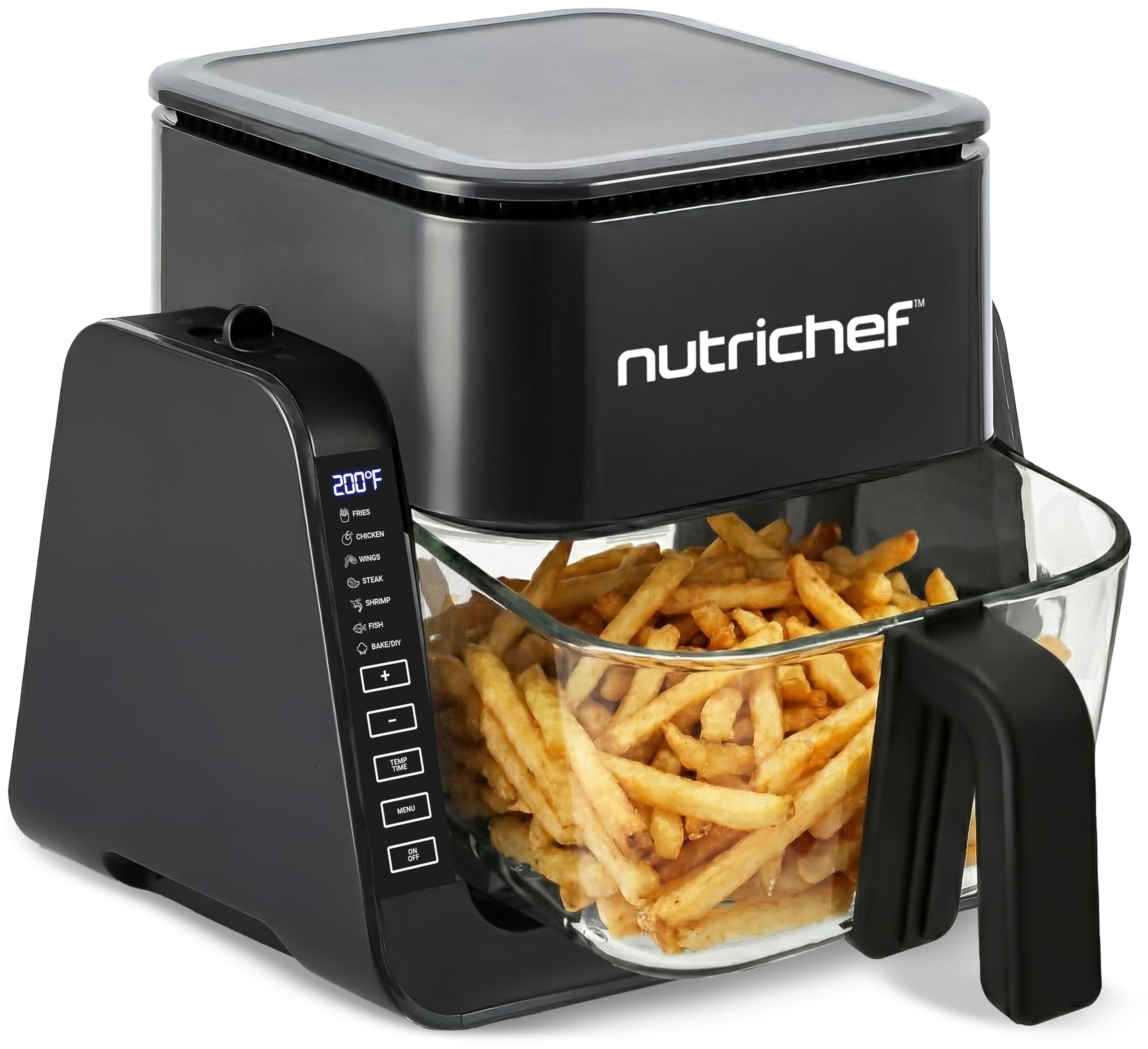 NutriChef 4 QT Air Fryer & Grill | 7-1 Preset Cook Modes | Transparent Fry Bowl for Best Cooking Results | Cook Shrimp Steak Fries Wings & More | 4 QT Glass Air Fryer & 1.2 QT Grill | Black