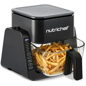 NutriChef 4 QT Air Fryer & Grill | 7-1 Preset Cook Modes | Transparent Fry Bowl for Best Cooking Results | Cook Shrimp Steak Fries Wings & More | 4 QT Glass Air Fryer & 1.2 QT Grill | Black
