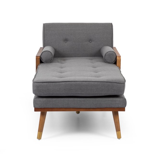 Fortas Chaise Longue en Tissu Style Mid-Century Modern, Gris et Noyer Foncé