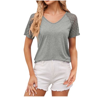 Timegard Hauts pour Femmes Été Col en V Dentelle Manches Courtes Confortables Mignons T-Shirts Chic Décontracté Hauts Amples