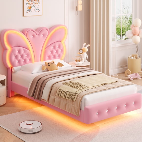 Homfa Twin Size Velvet Upholstered Bed with LED Lights, Floating Platform Bed Frame with Butterfly Crystal Button Tufted Headboard, Pink