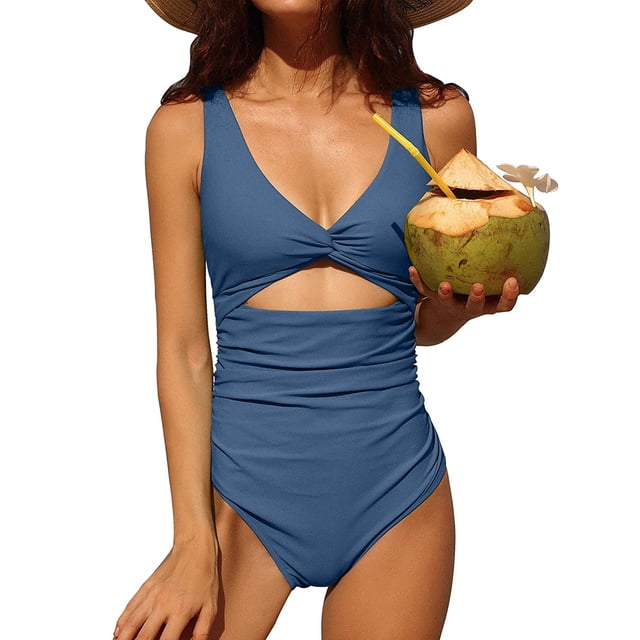 Charmo Womens One Piece Swimsuit Ruched Tummy Control V Neck Bathing Suits Swimwear