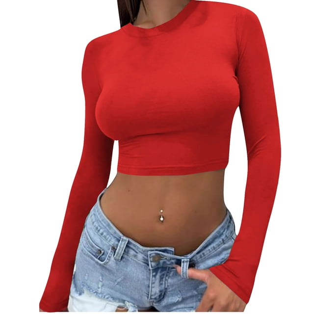Yuyuzo Hauts de Sortie pour Femmes Chandails à Manches Longues Col Rond Crop Top Décontracté Ajusté T-Shirts Basiques