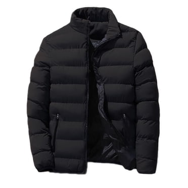 Lovzfmll Men's Puffer Jacket Stand Collar Heavyweight Quilted Zippered Pockets Black, L