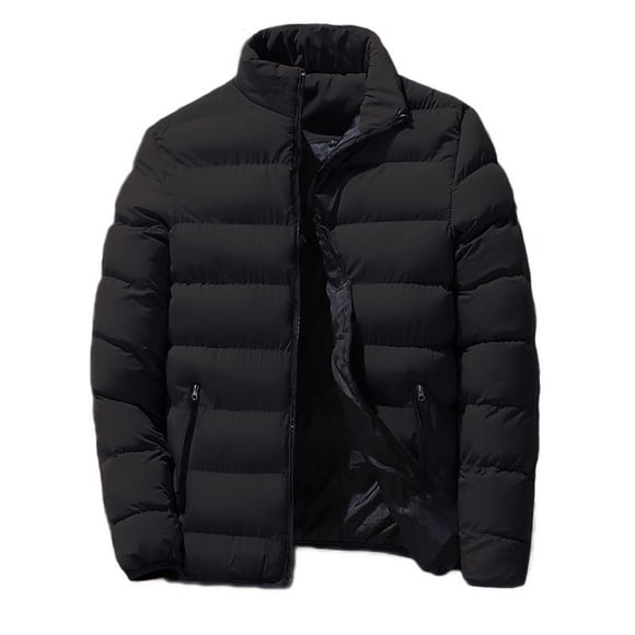Lovzfmll Men's Puffer Jacket Stand Collar Heavyweight Quilted Zippered Pockets Black, M