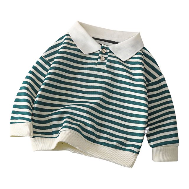 ManxiVoo Ensemble Polo à Manches Longues pour Tout-Petit, Haut à Col Rond en Coton Rayé, Tenue Décontractée Confortable pour Garçons Filles, Taille 100, Vert