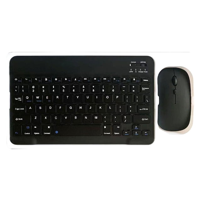 Clavier et Souris Sans Fil Clavier Bluetooth pour Téléphones Mobiles et Tablettes. un Clavier Sans Fil Noir compact avec une Disposition QWERTY Complète et des Touches de Fonction, Assorti à une Souris Sans Fil Noire Assortie. Conçu pour Être Utilisé avec des Tablettes, Téléphones Intelligents et Autres Appareils Compatibles Bluetooth. les Fonctionnalités Incluent des Touches Silencieuses et Réactives, un Clic de Souris Silencieux et une Batterie lithium rechargeable Offrant jusqu'à 40 Heures d'Autonomie. compact et portable, Convient aux Voyages Ou au Travail à Distance.