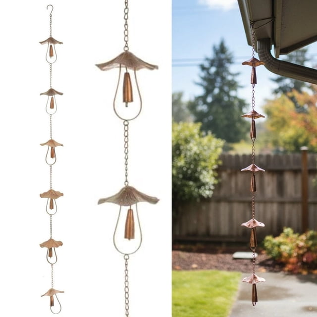 Iron Mushroom Rain Chain Decorative Gutter Downspout Alternative | 51 Inch Metal Rain Catcher for Water Drainage | Rust-Protected Garden Yard Decor for Soothing Rain Sound