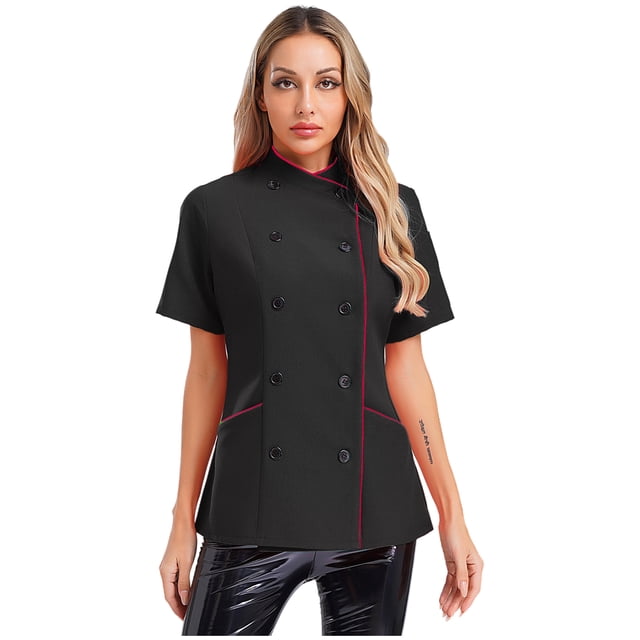 Eandarui Women Short Sleeve Chef Jacket Professional Chef Coat Work Uniform for Hotel Cooking Kitchen Black M