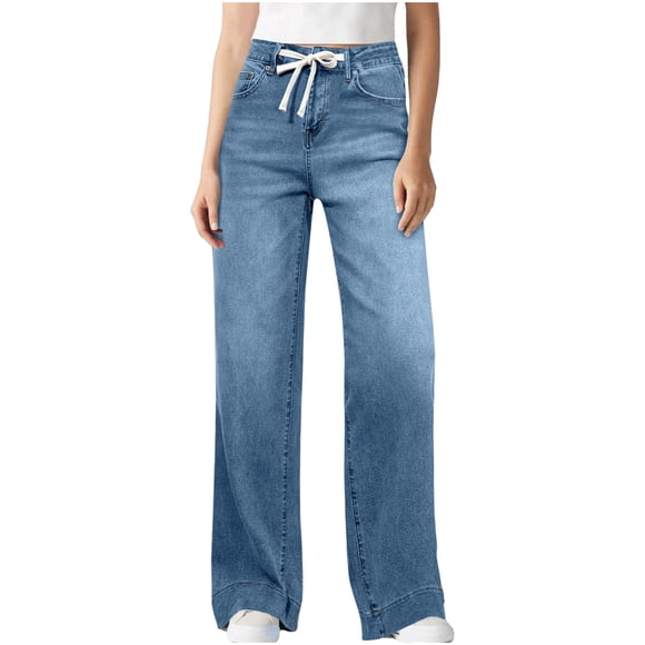 HongQid Women's Drawstring Wide Leg Jeans High Elastic Waisted Stretch Frayed Loose Fit Trouser Jeans Denim Pants