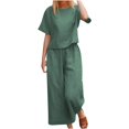thumbnail image 1 of Womens Pants Suit Round Neck Short Sleeve Solid Color Tops Wide Leg Pants Ladies Summer Casual Pants Set, 1 of 4