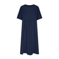 thumbnail image 4 of Meichang Robes Midi d'Été en Coton et Lin pour Femmes 2024, Robes Tuniques de Vacances, Unies, Col Rond, Manches Courtes, Robes Décontractées Évasées pour le Travail, Bleu Foncé, S, 4 of 6
