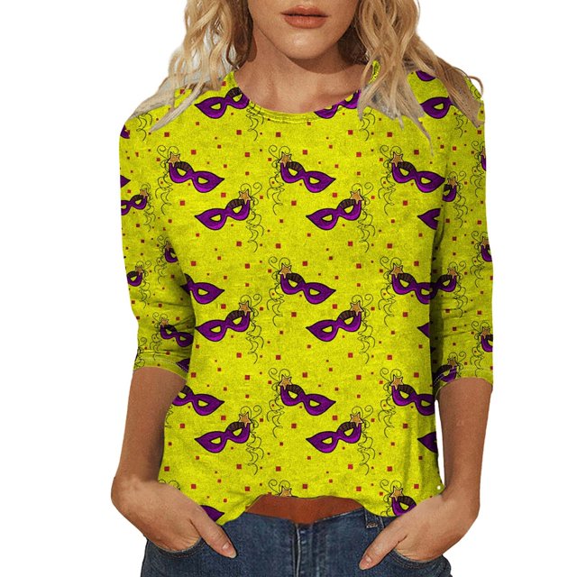 Outfmvch Chemises Mardi Gras pour Femmes, Manches 3/4 Hauts pour Femmes, Tenue Mardi Gras pour Femmes, Blouses pour Femmes, Hauts d'Entraînement pour Femmes, Tunique Graphique de Carnaval Manches 3/4 Col Rond Blouse Vert Menthe m