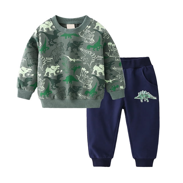 MIASHUI Ensemble de Vêtements Dinosaure pour Garçons 2 Pcs Chandail en Molleton Col Rond et Pantalon de Jogging, Vert Armée, 3-4 Ans