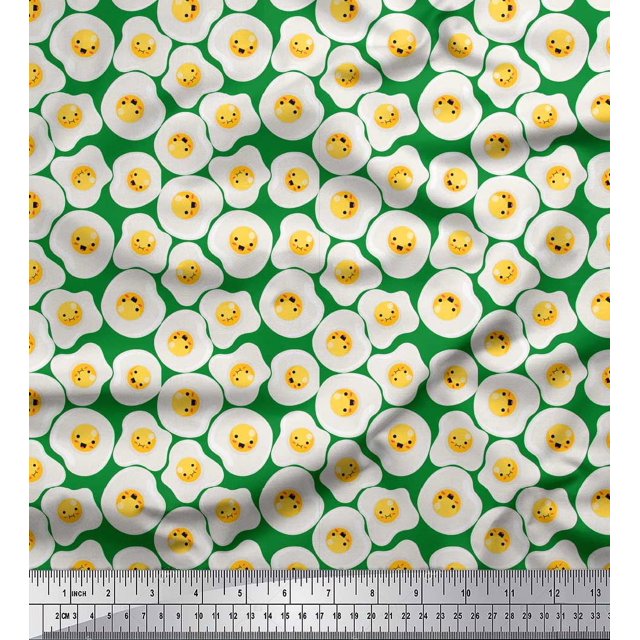 Soimoi Green Poly Georgette Fabric Omelette Food Decor Fabric Printed Yard 42 Inch Wide