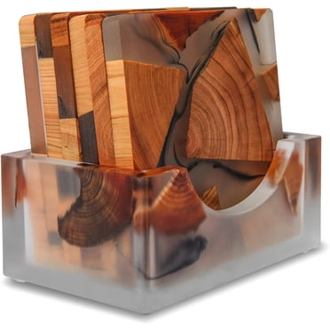 Zootealy 6 Pack Wood Coasters with Holder, Wooden Drink Coasters Set, Modern Epoxy Coasters, Suitable for Most Kinds of Cups, Different grain