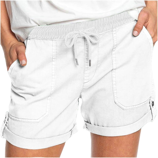 Plebaso Summer Womens Shorts Casual Drawstring Roll up Shorts Loose Solid Color Beach Shorts with Pockets