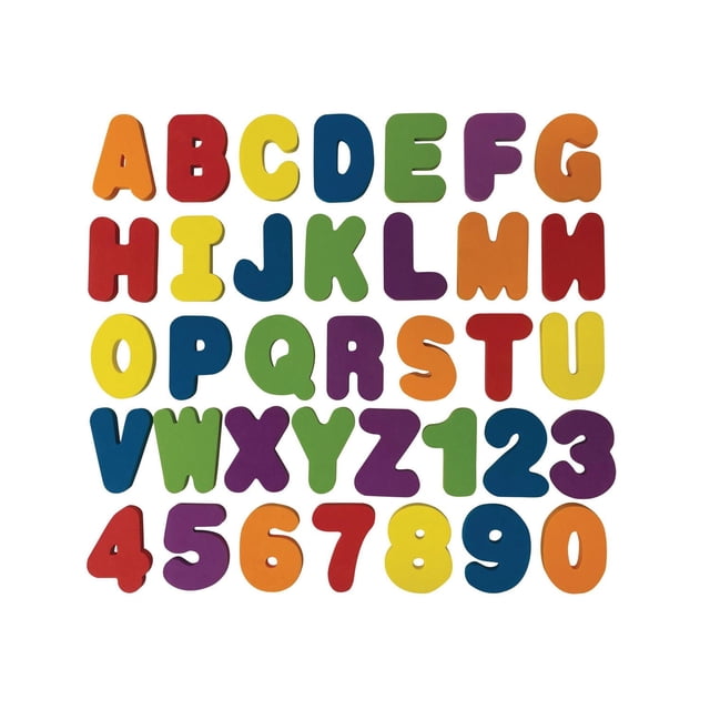 Parent's Choice Foam Letters & Numbers set includes 36 soft, durable foam pieces with letters A-Z and numbers 0-9 in bright red, yellow, blue, green, purple, and orange, designed to stick to tub walls when wet for bath time learning and fun.