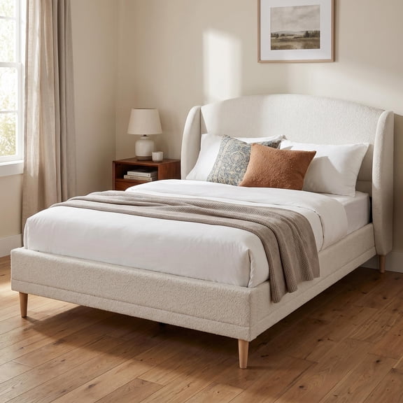 Homy Casa King Boucle Upholstered Platform Bed Frame with Curved Headboard, Wood Slats, Robot Vacuum Clearance, White